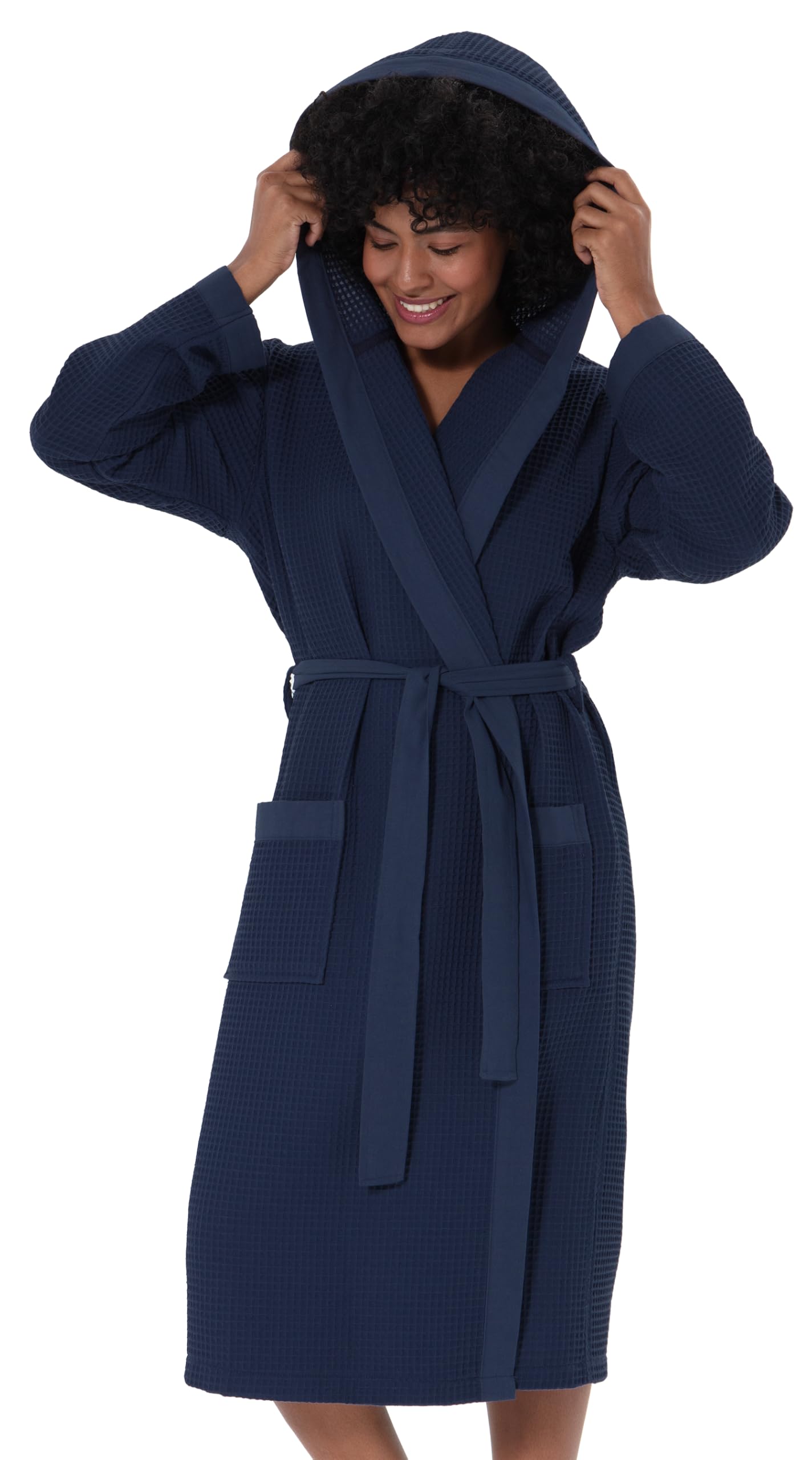 SEYANTE Women's Organic Cotton Waffle Kimono, Hooded Robe – GOTS Certified Lightweight Full-Length Spa Bathrobe with Piping