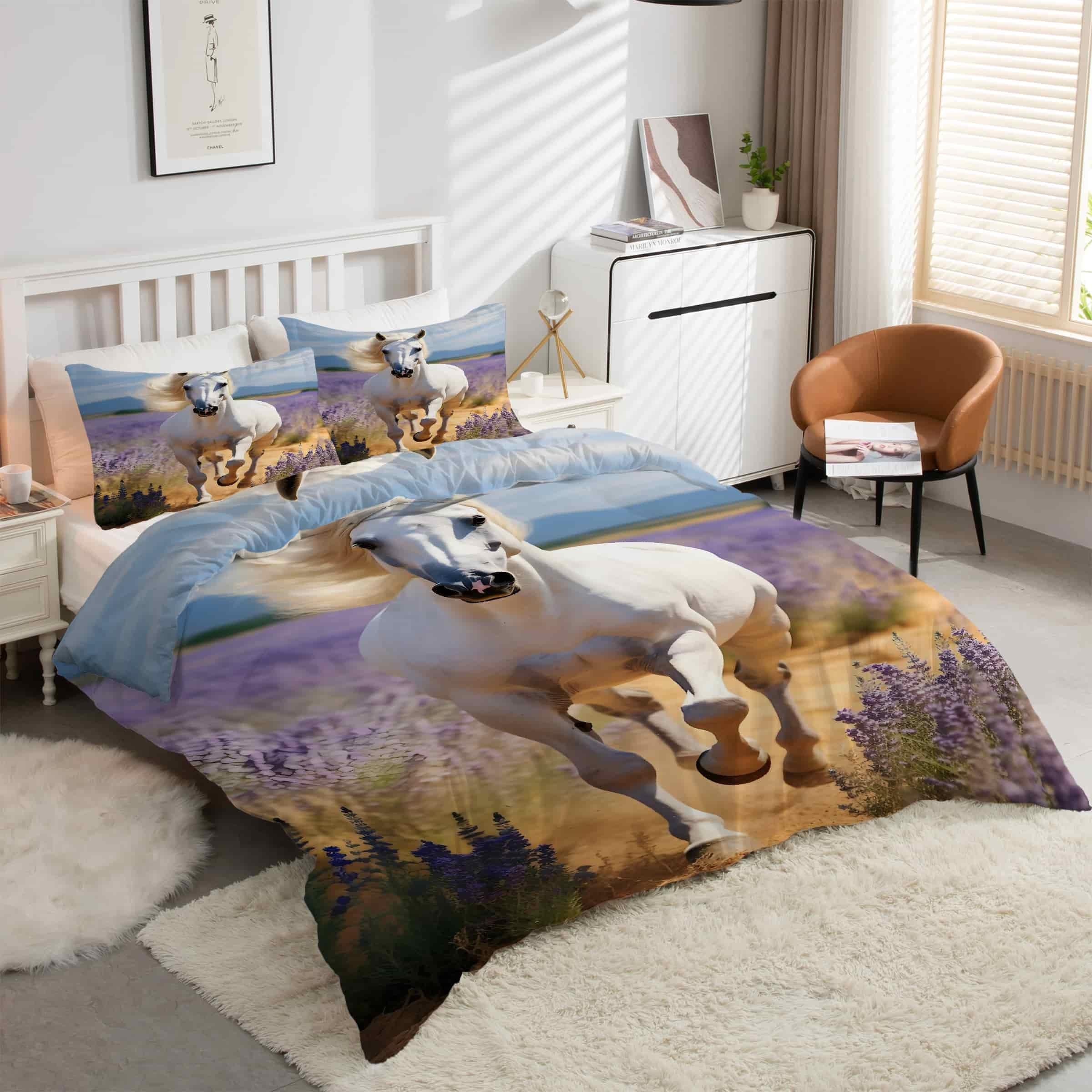 Housse de couette 160x200 cheval blanc avec ses deux taies d'oreiller assorties