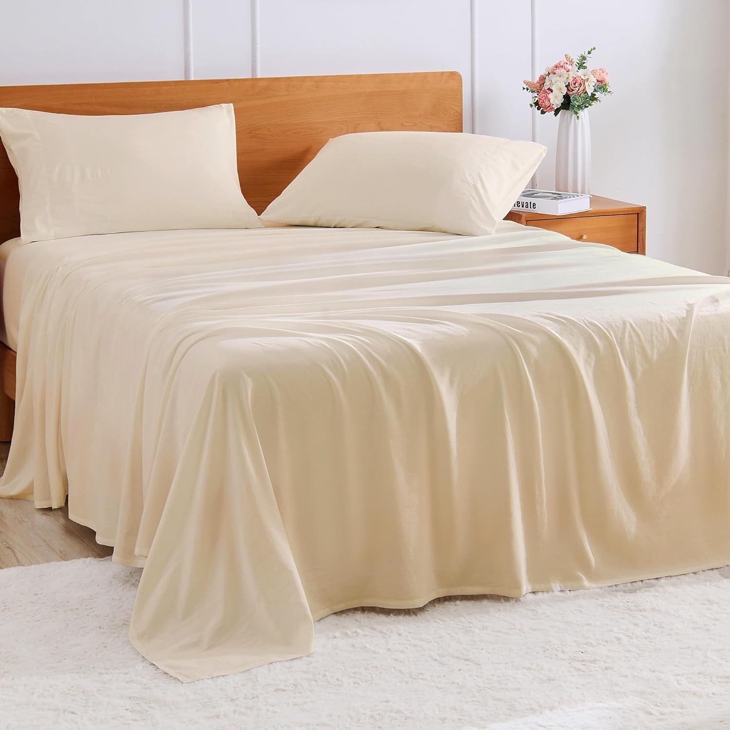 GOKOTTA 4-Pcs Queen Sheet Set, 16 Inch Deep Pocket Queen Sheets with Elastic Corner Straps, Brushed Microfiber Polyester - Hotel Luxury, Ultra Soft, Breathable, Anti-Rip, Wrinkle-Free - Beige