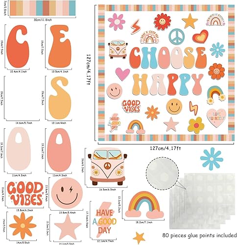 Miniatura 2 de ZOiiWA Groovy - Juego de decoración de tablón de anuncios retro, estilo hippie y bohemio, juego de tablón de anuncios para escuela, autobús escolar,