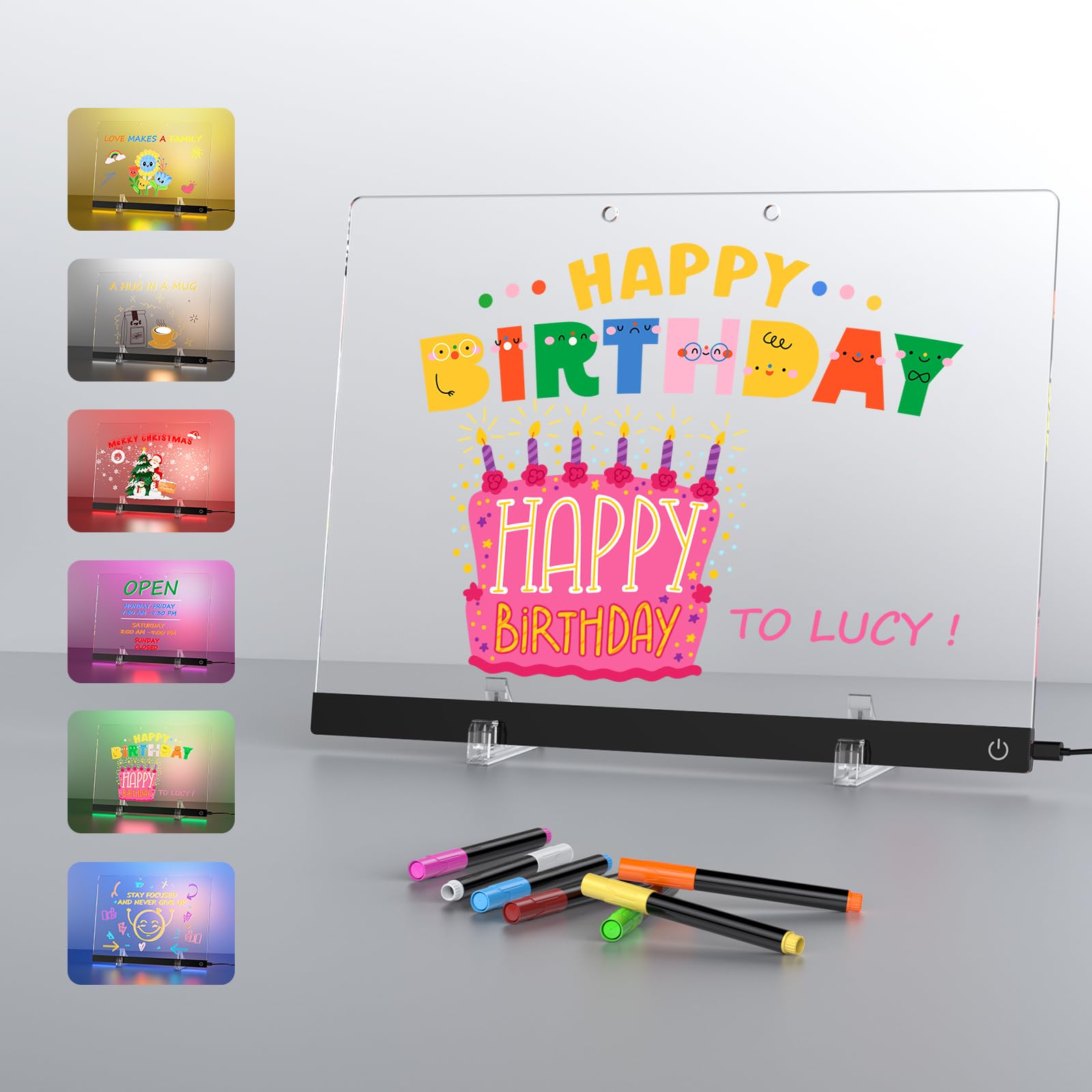 Acrylic Dry Erase Board with Light, 13.7"X10" 6-Color Neon Glow Memo LED Light-Up Message Note Lumiboard with Stand as Night Light for Room/Store/Office/Festival/Gift, Touch Control, 7 Markers