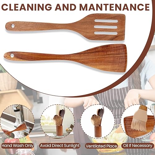 Miniatura 6 de Juego de espátulas de madera con mango largo para cocinar, utensilios de cocina de madera para utensilios de cocina, herramienta de espátula