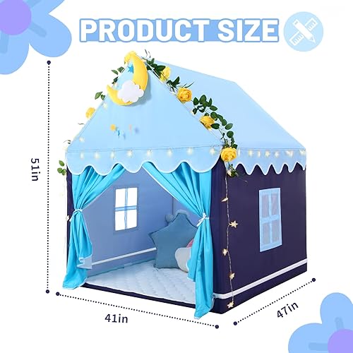 Miniatura 6 de Wilwolfer Tienda de campaña azul para niños con alfombra, luces de estrella, tiendas de campaña para niños pequeños, tienda de campaña para