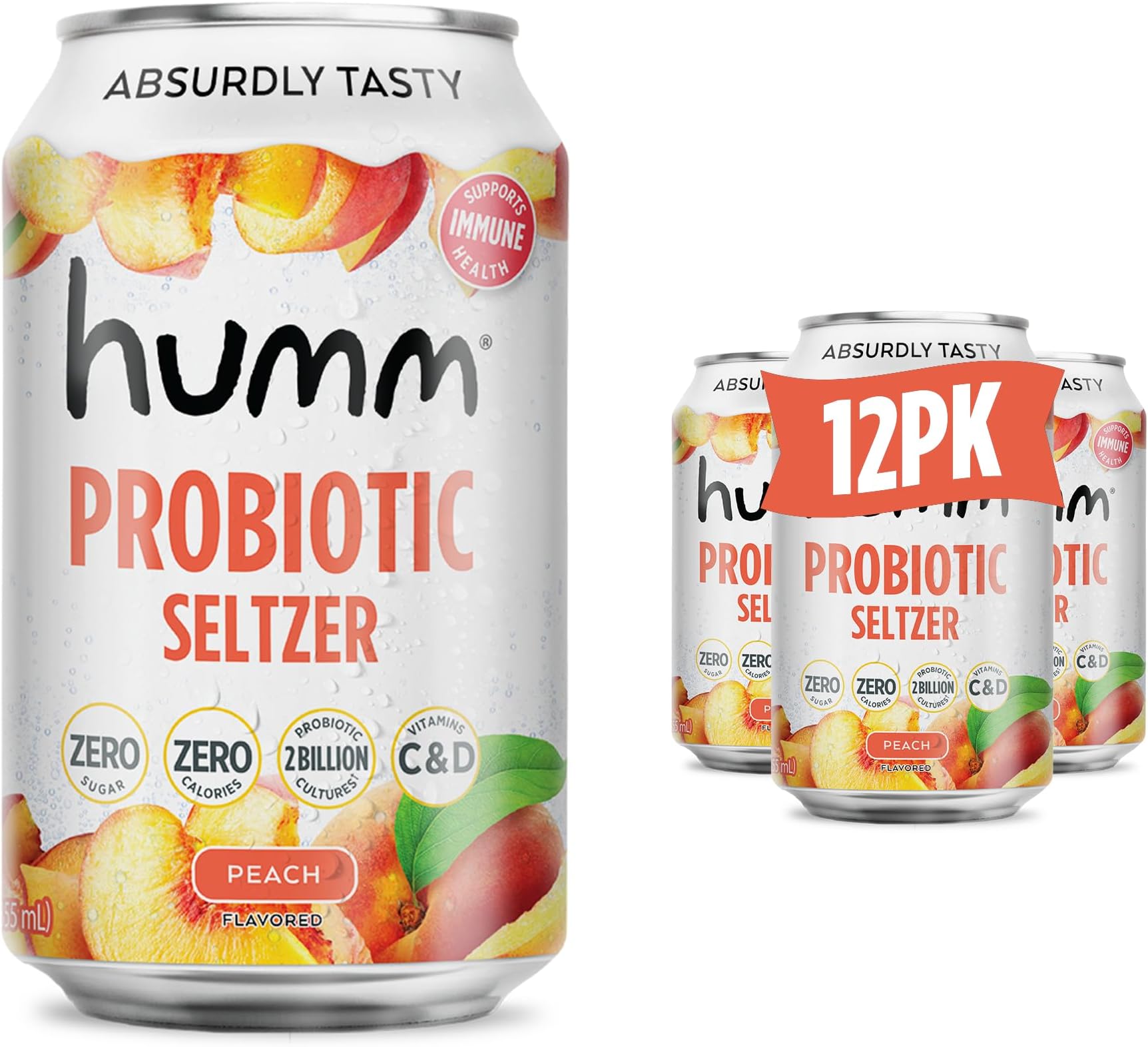 Peach Sparkling Water, Zero Sugar, Zero Calorie Seltzer, Whole30 Approved Probiotic Drink, 2 Billion Probiotics, Vitamin C, D, and B12, 12 fl oz (12 Pack)