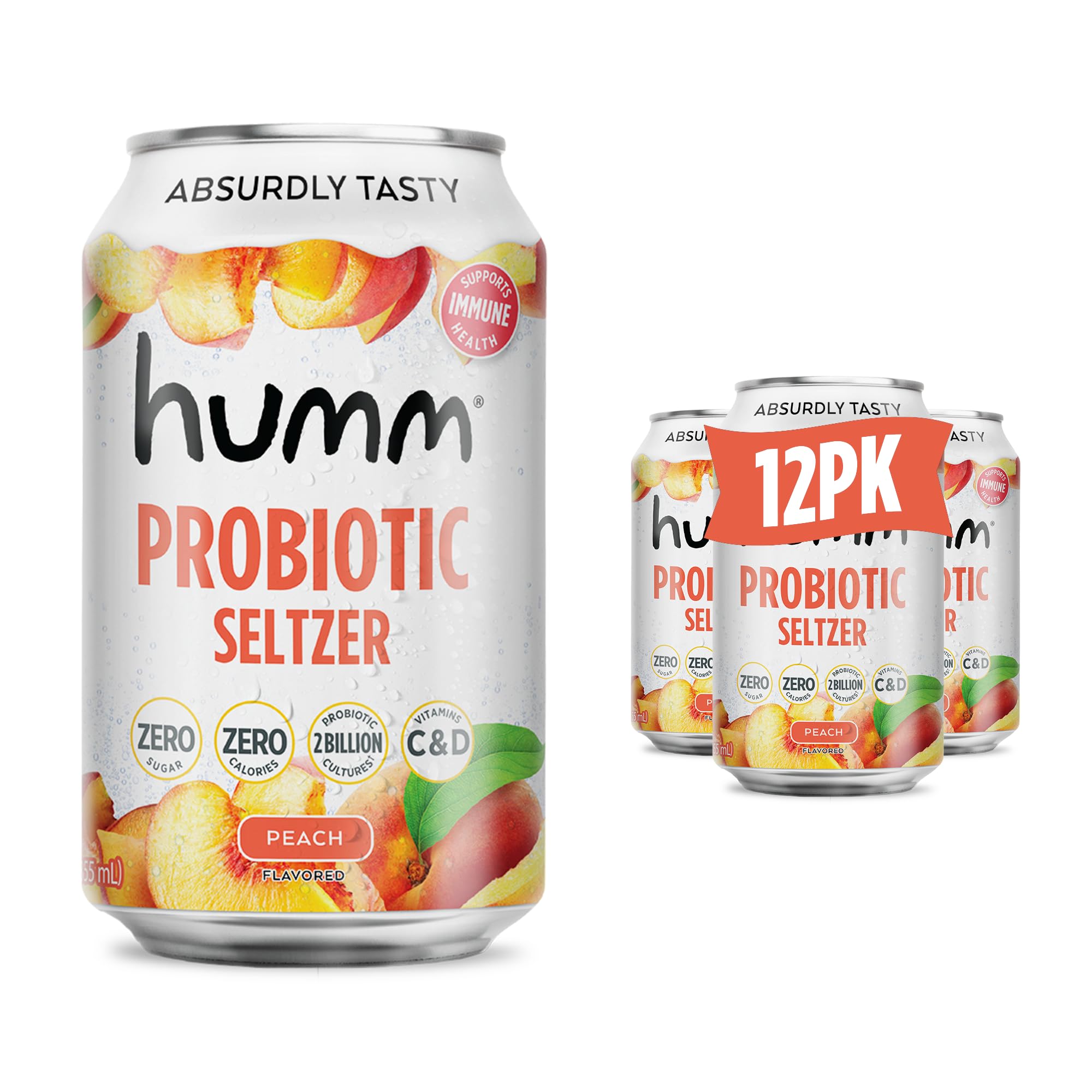 Humm Peach Sparkling Water, Zero Sugar, Zero Calorie Seltzer, Whole30 Approved Probiotic Drink, 2 Billion Probiotics, Vitamin C, D, and B12, 12 fl oz (12 Pack)
