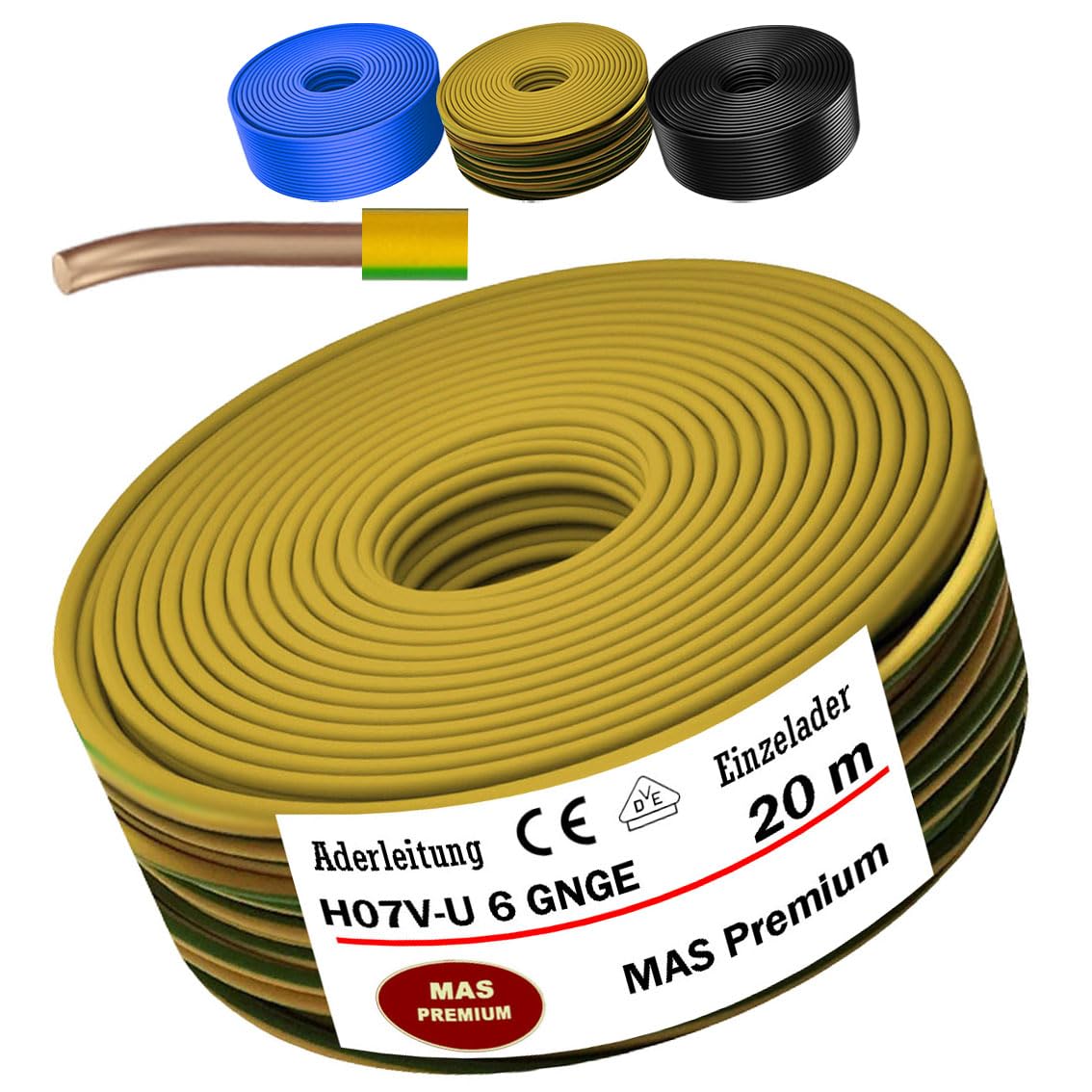 MAS Premium Câble conducteur monofil - 5 à 100 m - H07 V-U 4 6 10 16 - Fil simple rigide (H07 V-U 6 GNGE, 20 m)