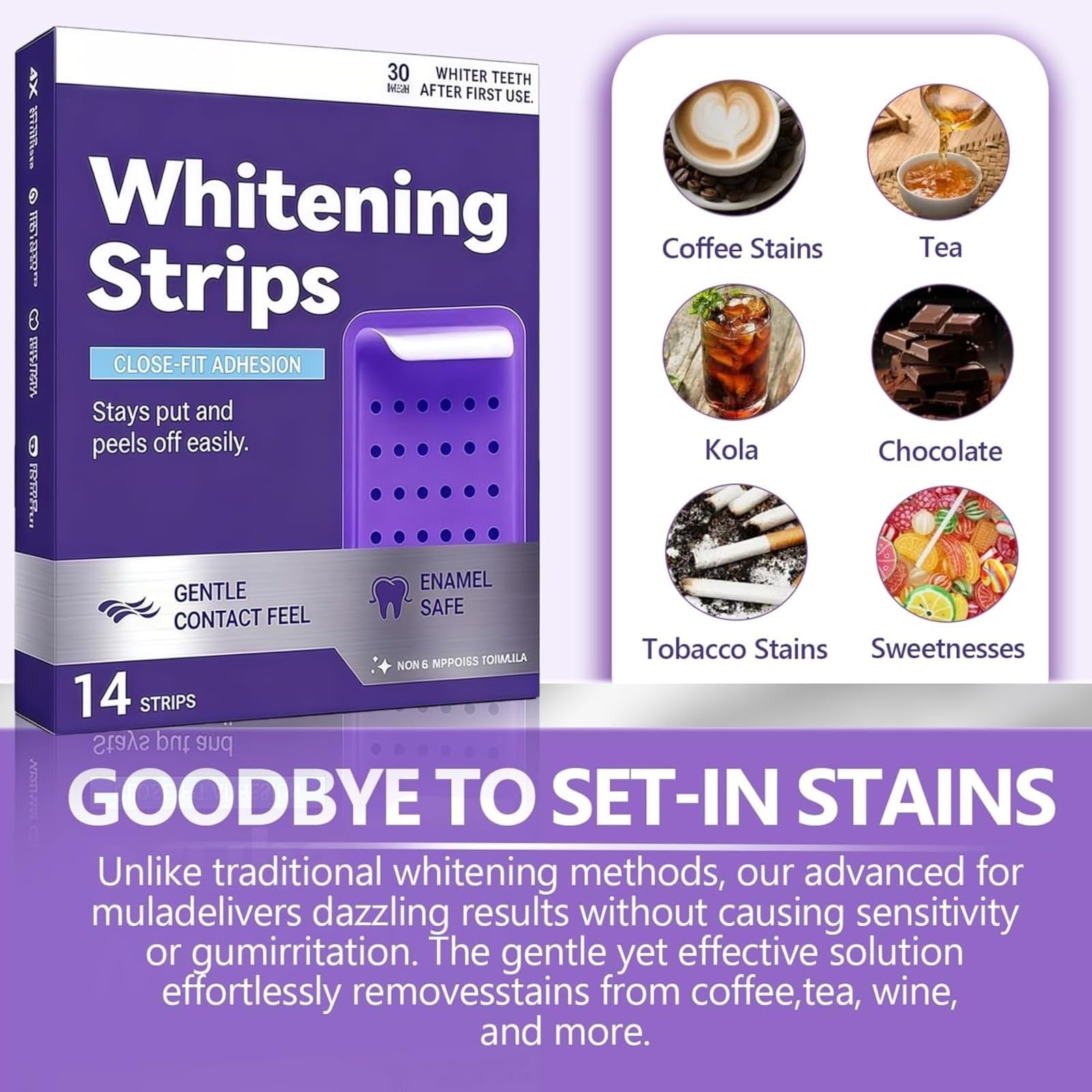 Nastro sbiancante per denti viola, strisce sbiancanti denti viola, strisce sbiancanti per macchie di caffè/tè/vino, 14 strisce, adatte ai denti sensibili