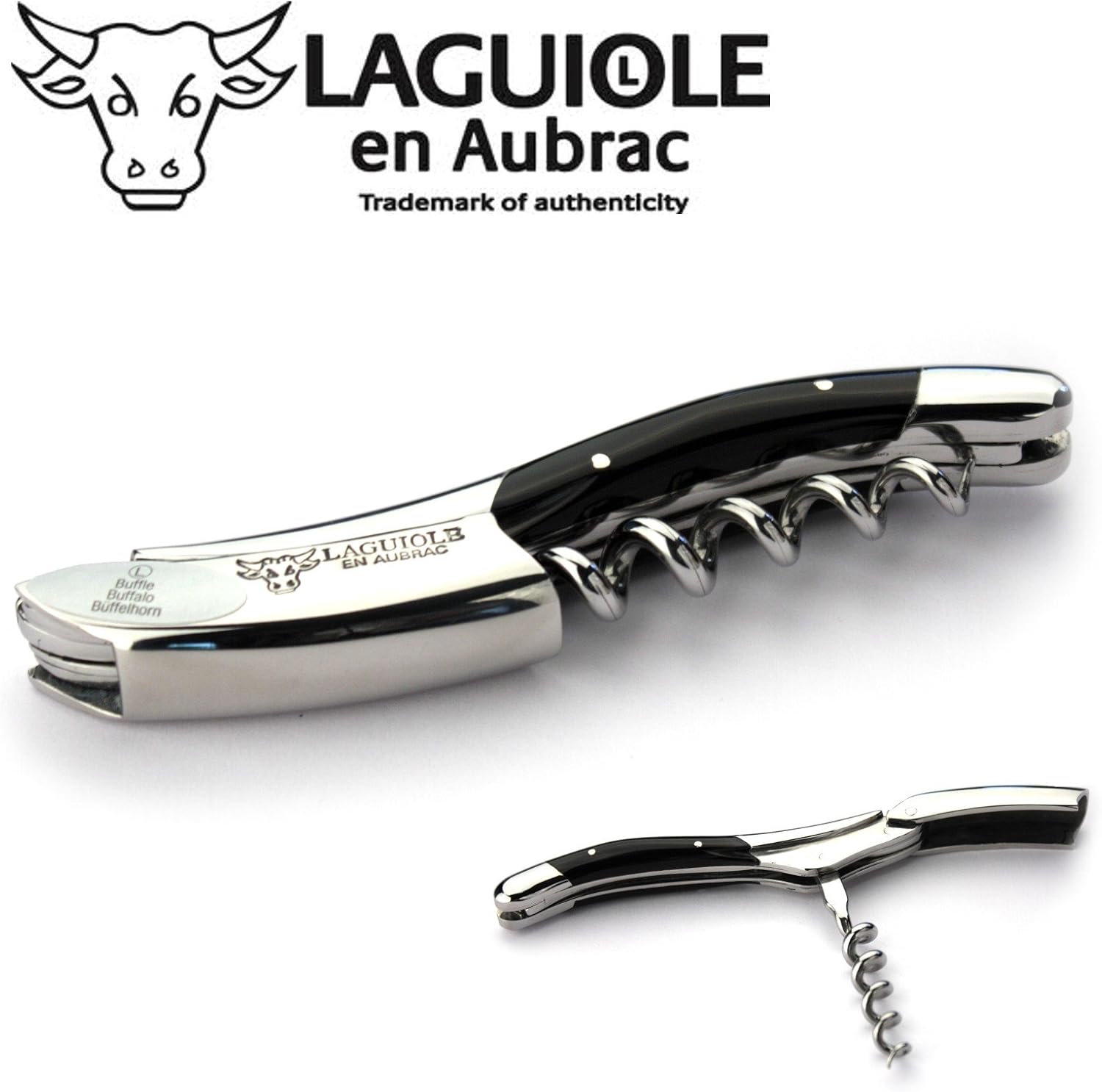 Laguiole En Aubrac Sommelier Waiter's Corkscrew, Buffalo Horn Handle, Wine Opener With Foil Cutter & Bottle Opener, Stainless Steel Shiny Bolsters