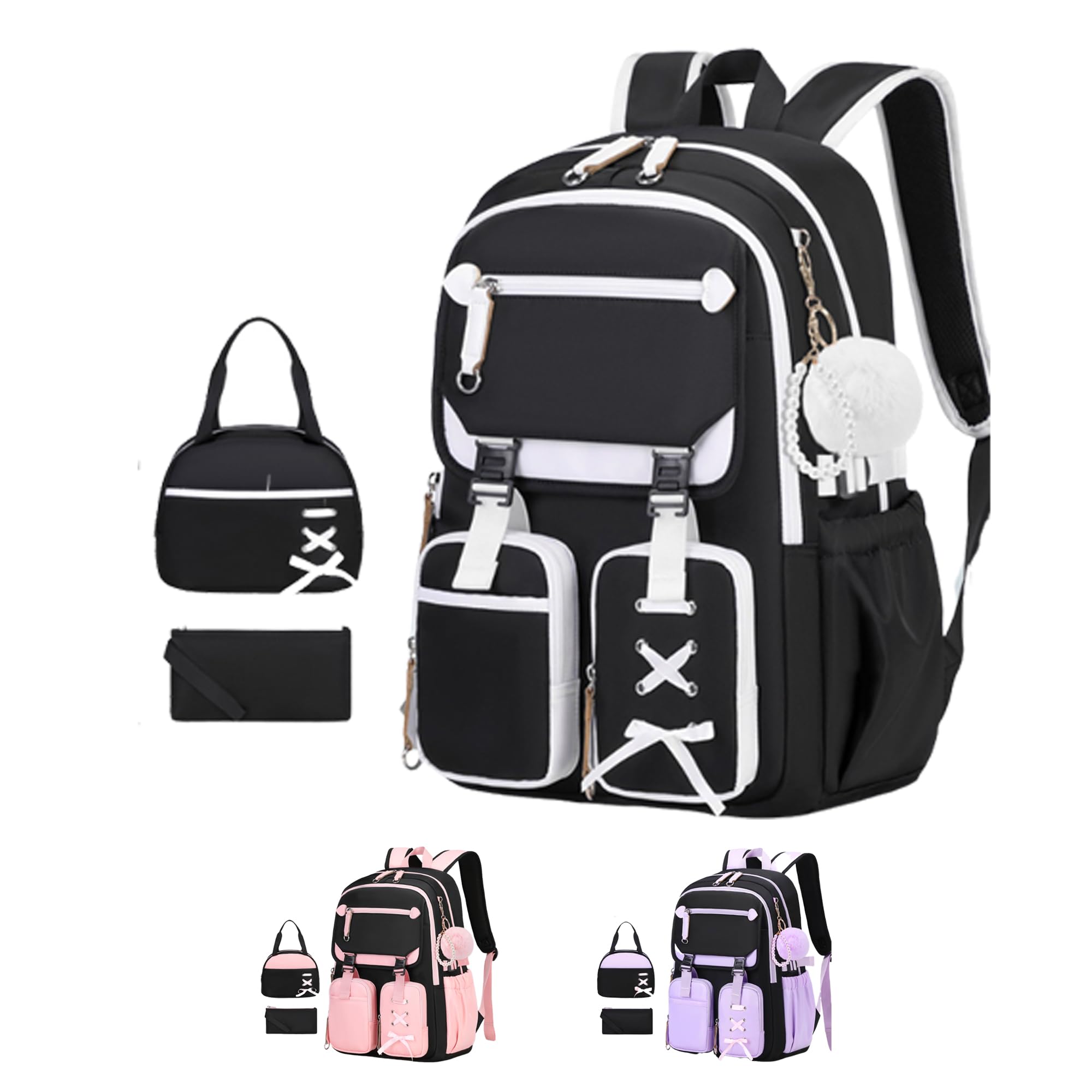 Elegante set di 3 zaini per la scuola per ragazze: impermeabile e leggero con borsa per il pranzo e astuccio, nylon di grande capacità