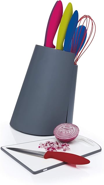 KitchenCraft Colourworks 3-in-1 Set, Wooden Knife Block with 5 Knives, Plastic Chopping Board and Utensil Holder