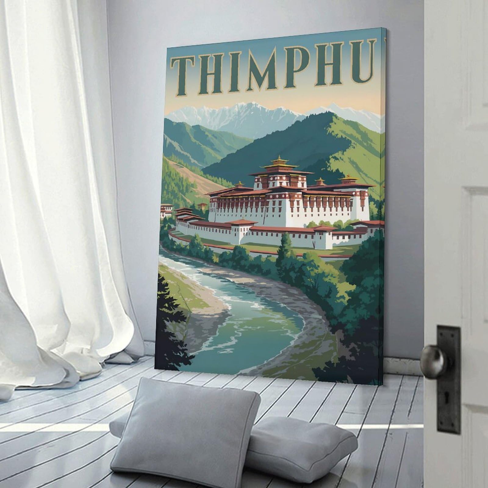 Junmoney Room Decor Wall Art Thimphu, Bhutan Travel, 20x30inch(50x75cm), for Home Lounge, Bedroom Or Reading Nook, Eye Catching Artwork for Blank Walls