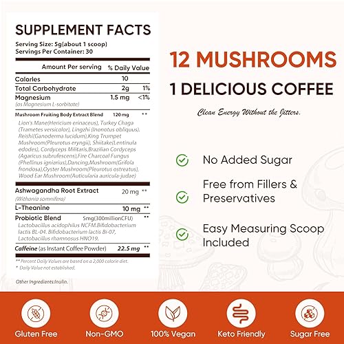 Miniatura 2 de Café de hongos con 12 hongos con ashwagandha, melena de león, chaga y probióticos, café instantáneo de hongos para concentración, digestión e