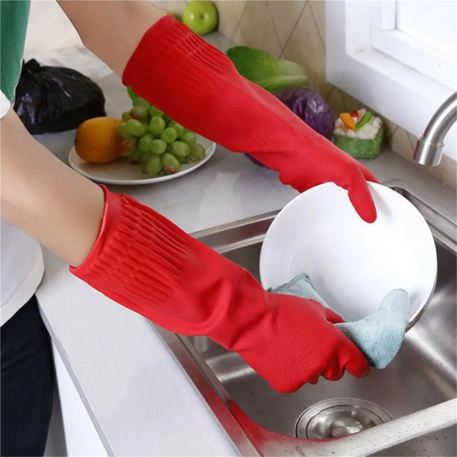 Guanti da cucina 3 pezzi Lavare i piatti Pulizia rossi impermeabili in lattice di gomma a maniche lunghe Strumento Per La Casa(S)