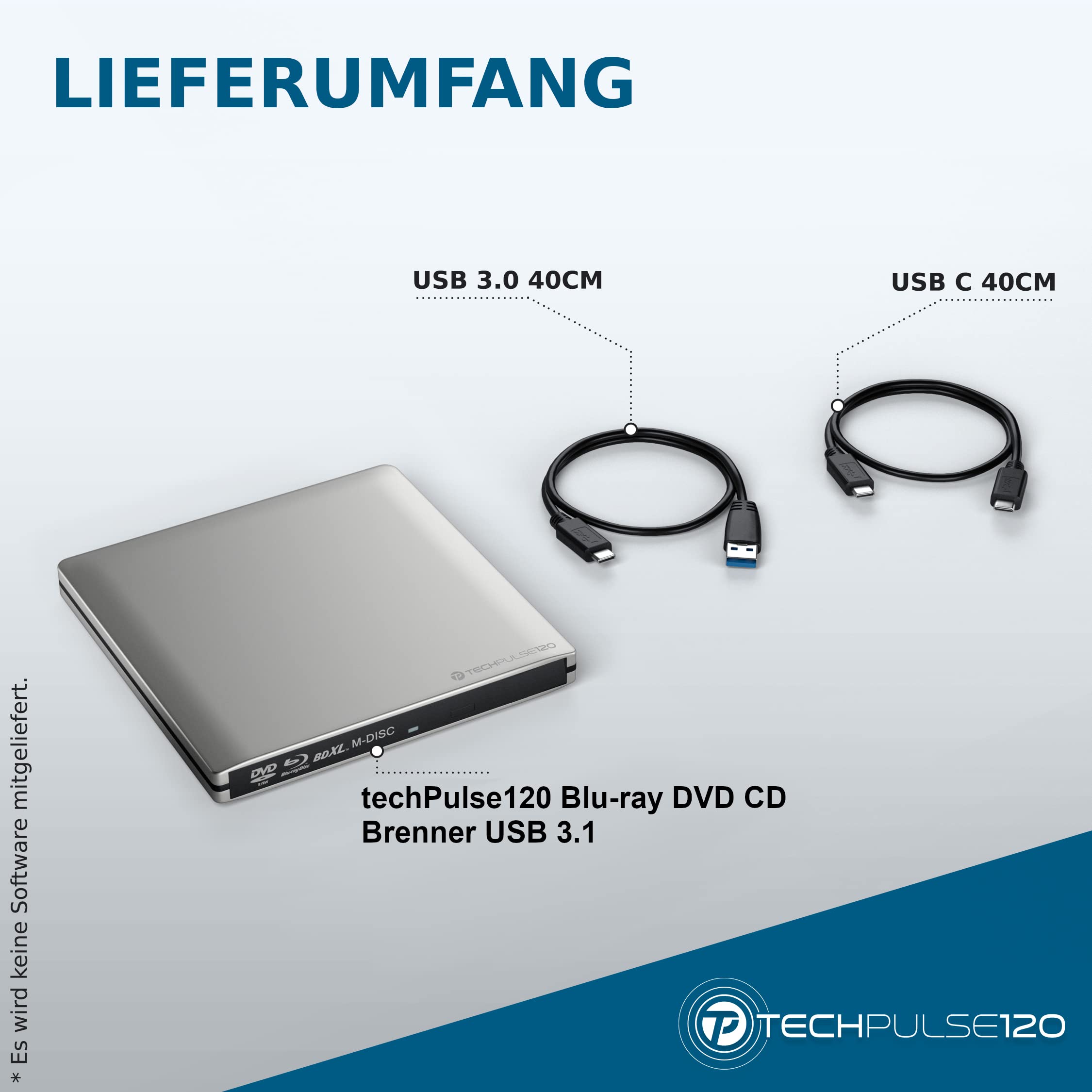 techPulse120 USB 3.1 Typ-C externer M-Disc BDXL Blu-ray Brenner Player Superdrive Laufwerk BD DVD CD Slim für Computer PC Desktop Notebook Windows Mac OS Apple iMac MacBook Pro Air Aluminium Silber
