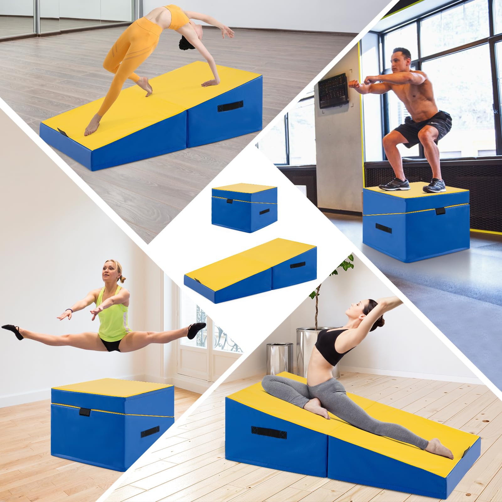 GYMAX Neigbare Gymnastikmatte faltbar, Schräge Gymnastikmatte mit Keilform & Tragegriff, Weichbodenmatte, Fitnessmatte, Trainingsmatte für Kinder& Erwachsene