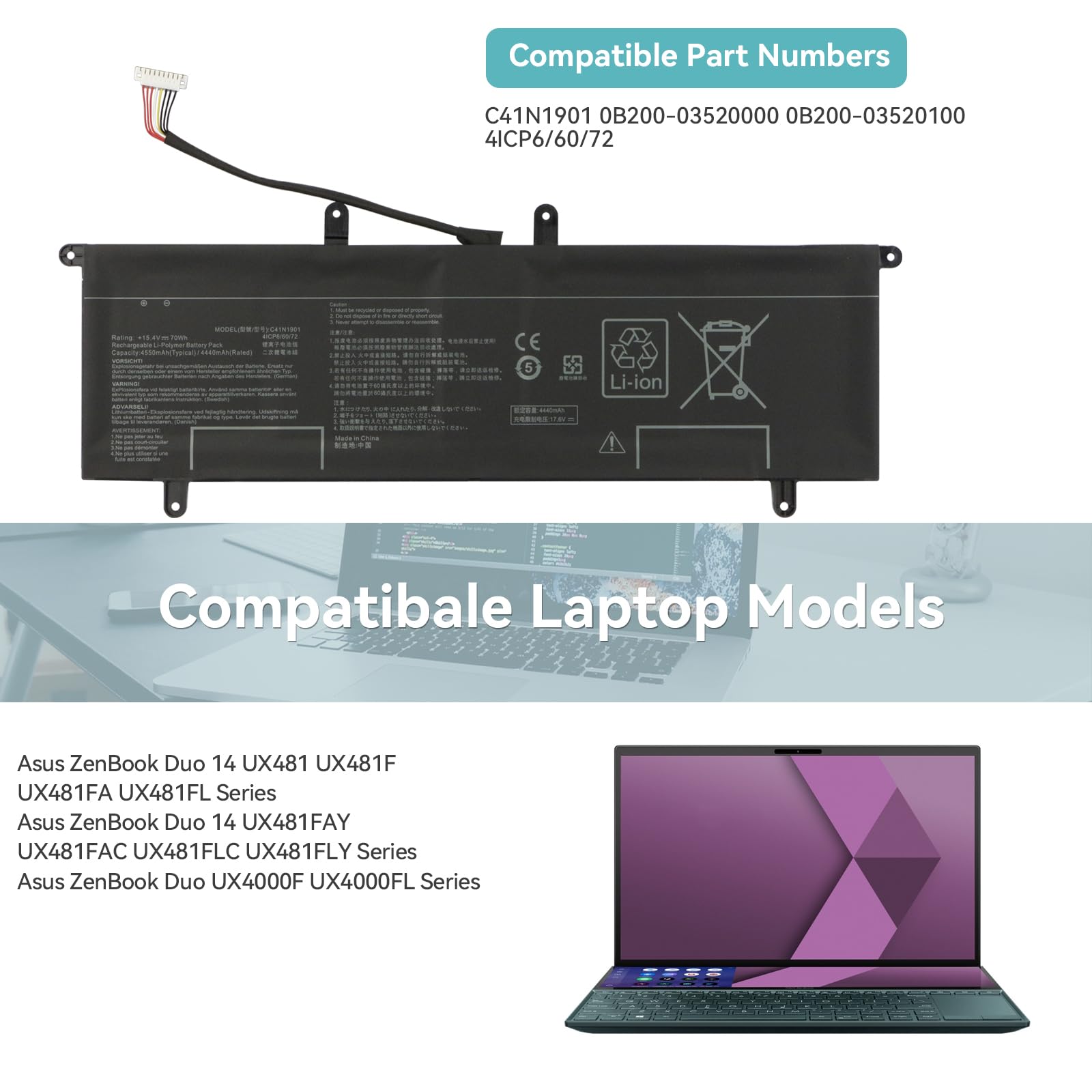K KYUER 70Wh C41N1901 Laptop Akku für Asus ZenBook Duo 14 UX481 UX481F UX481FL UX481FA UX481FLY UX4000F UX4000FL UX481FL-BM044T UX481FL-BM039R UX481FL-BM042T UX481FL-BM040T UX481FL-HJ093T HJ105T