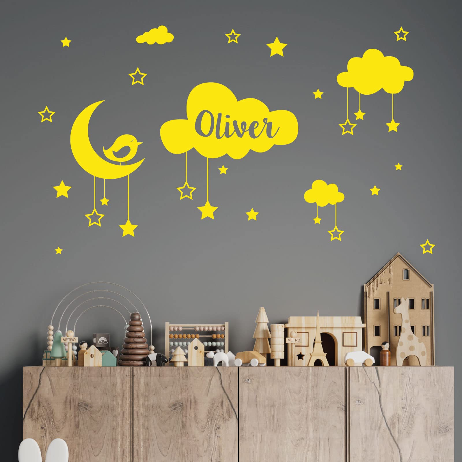 Personalised Name Baby Wall Sticker - Clouds, Stars, Moon & Bird [Large] [Lemon]