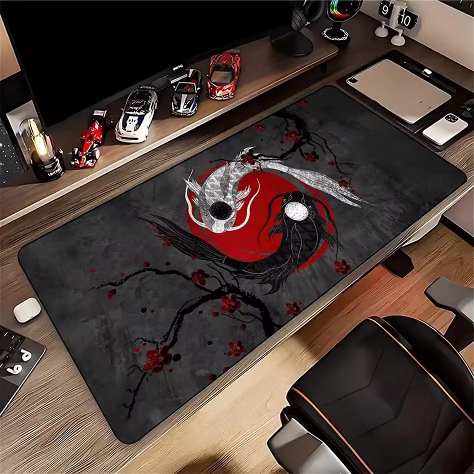 Grand Tapis de Souris de Jeu 800 x 400 x 3mm, Tapis de Souris XXL Poissons Yin Yang, Optimisé pour Capteur, Haute Précision et Vitesse avec Bords Cousus pour Bureau et Gaming