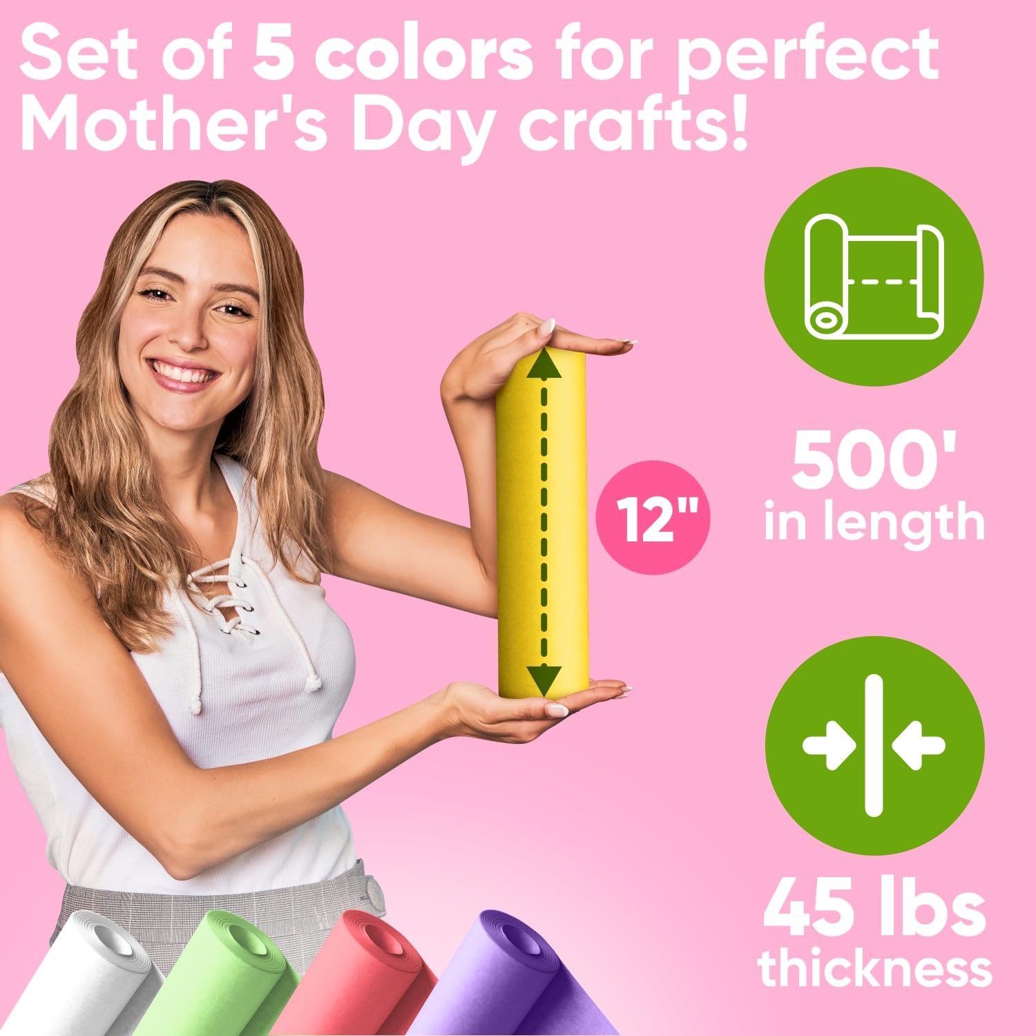 Lot de rouleaux de papier kraft pour la fête des mères (30,5 x 30,5 m) – Rose, blanc, lilas, jaune, vert clair – Fabriqué aux États-Unis pour travaux manuels, bricolage, école, emballage