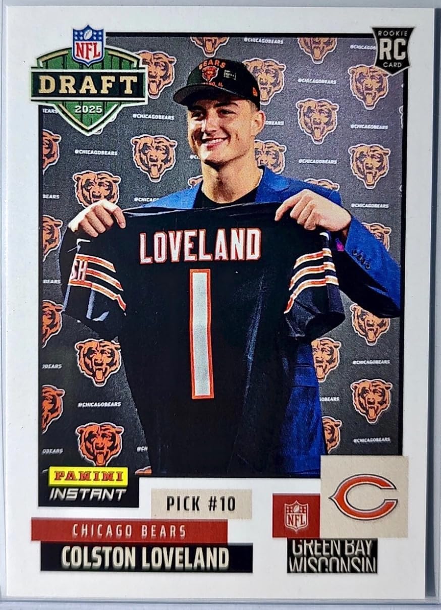 2025 Panini Instant Colston Loveland RC #NFLDN-16 - ‘25 NFL Draft Night -Pick #10 -Bears Rookie Football Trading Card- Chicago - Each Card Stamped 1 of 967 on back. Shipped in Protective Screwdown Holder!