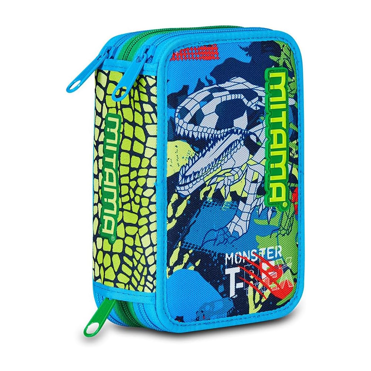 Mitama Astuccio Scuola 3 Scomparti, TRIPLO FLUO REX, dinosauro, Contenuto 47 pz, Completo di Matite, Pennarelli, Portapenne Scuola Elementare Bambino, 064513-000