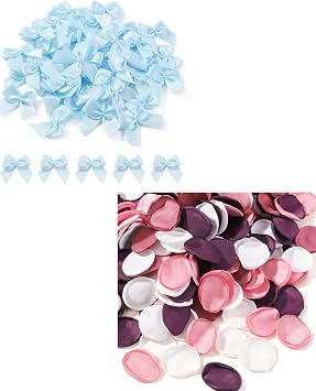 yoyokid 50 PCS 1.06" Blue Mini Satin Ribbon Bows + 400 Pcs Pink Silk Rose Petals Artificial Flower Petals for Wedding Flower Girl Basket
