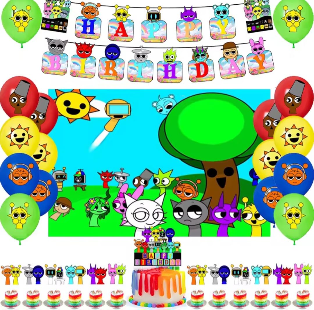 Sprunkie Birthday Party Supply Decoration Banner Cake Topper Cupcake Toppers Backdrop and Balloons Multicolors