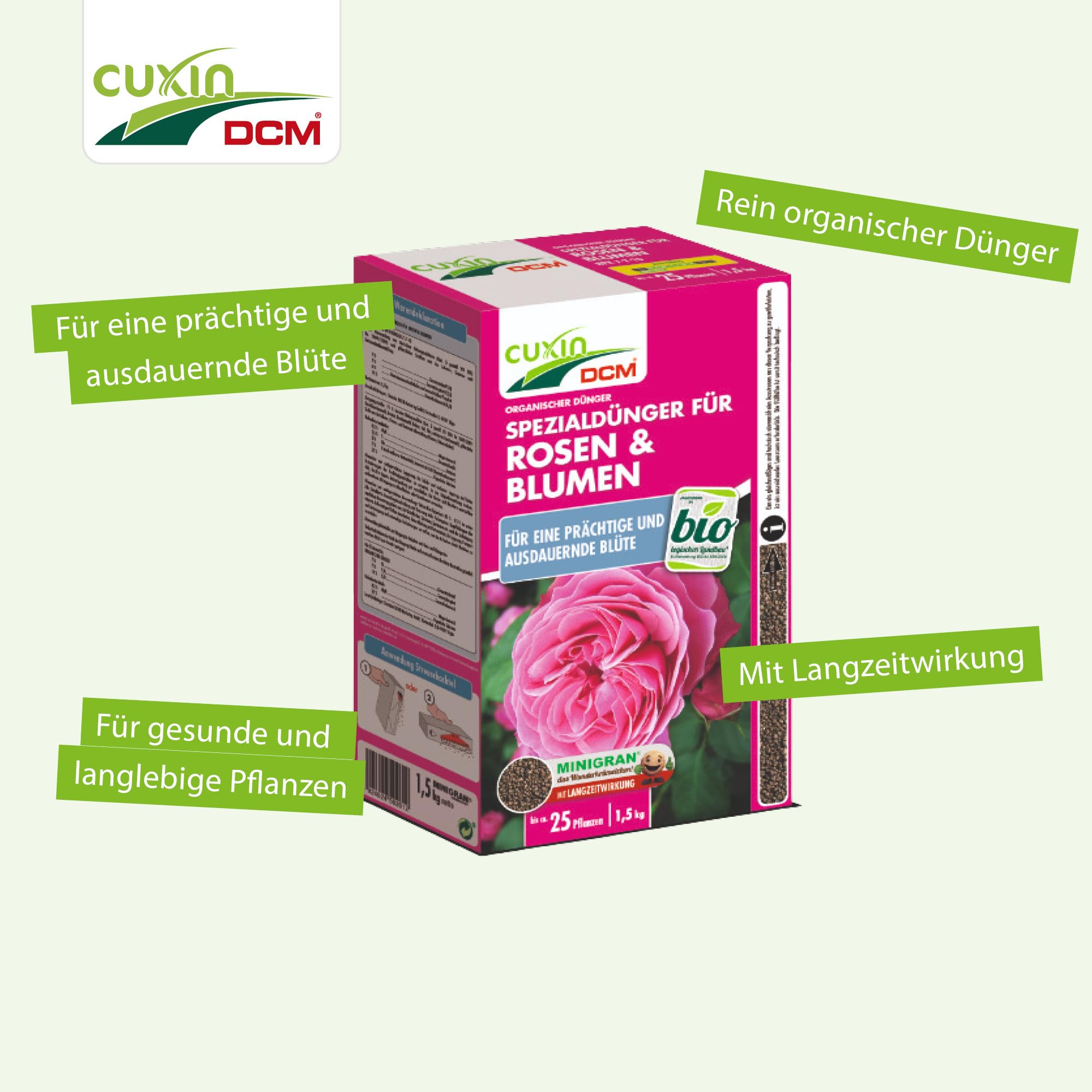 Cuxin Engrais bio Rose avec 3 mois Effet | également pour les fleurs et Clematis | Pure Nature Engrais organique |1,5kg | NPK 7–10