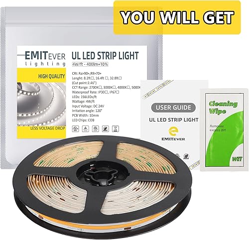 Miniatura 8 de EMITEVER COB - Tira de luces LED de color blanco cálido, 2700 K de alta densidad, CC 24 V, 400 lúmenes/pie, 156 LEDs/ft, Ra 90+, IP30, 16.4 pies, 4
