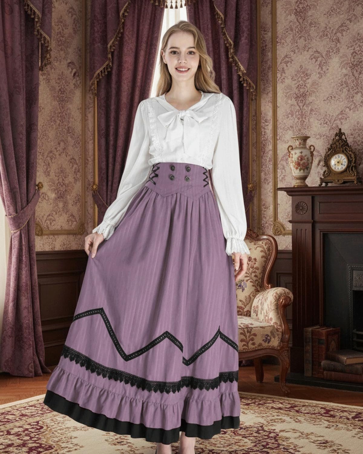 NSPSTT Victorian Dress for Women Renaissance Costume Medieval Outfit Maxi Skirts Blouse 2 pcs Set