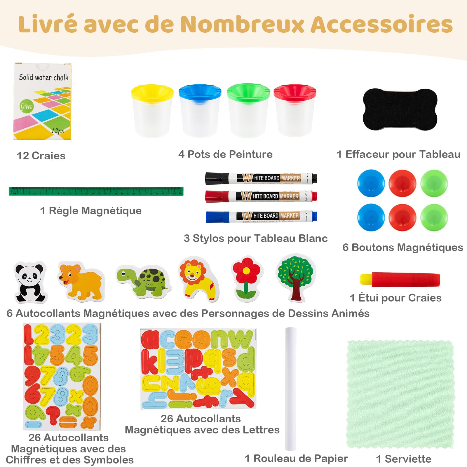 COSTWAY 3 en 1 Tableau Enfant Double Face avec Rouleau de Papier & Tableau Noir/Blanc, Chevalet Enfant Pliable avec Étagère & Hauteur Réglable, 27 Accessoires pour 3-14 Ans (‎59,5x65x147cm)