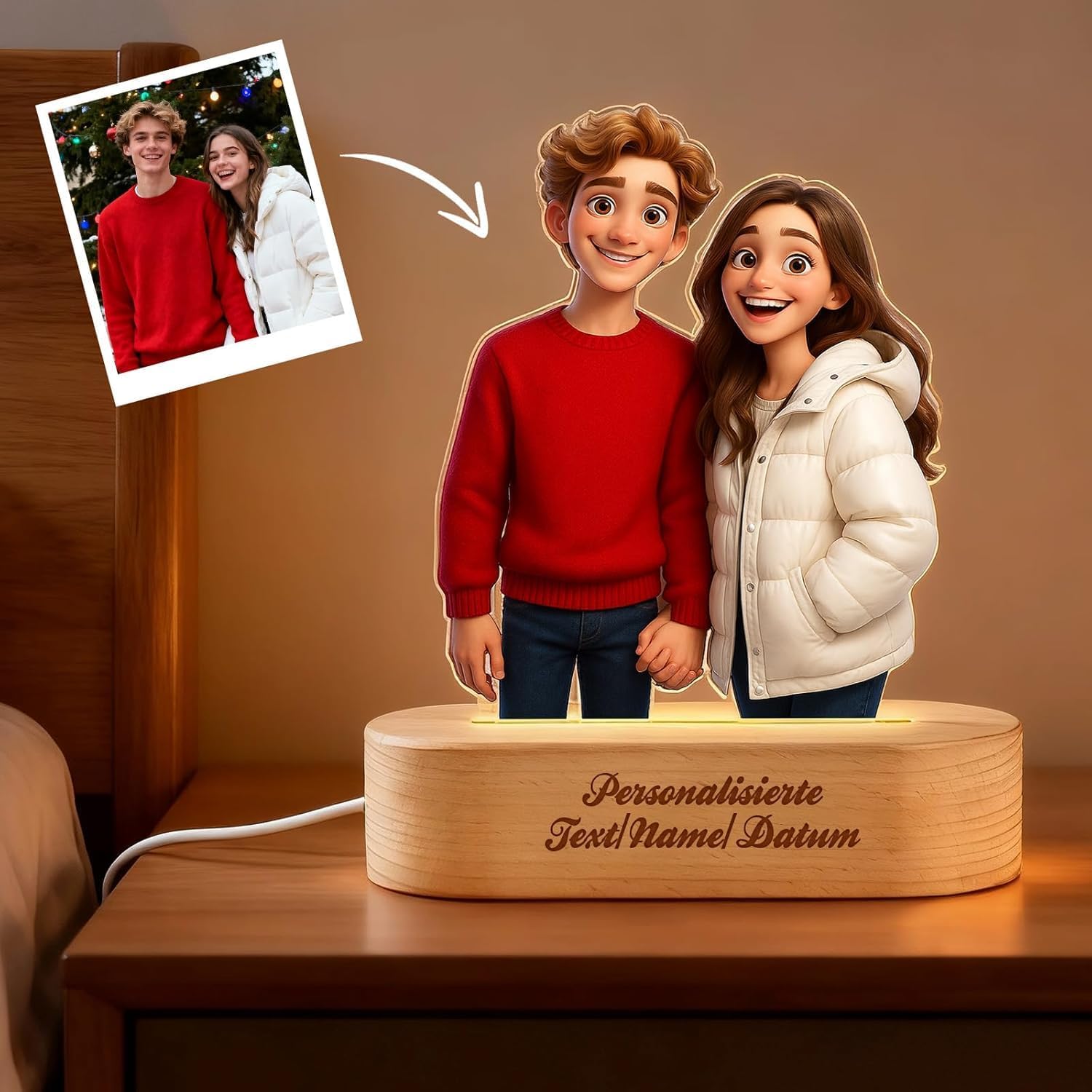 Personalized Night Light with Cartoon Photo, Cute Night Light with Name & Text, Custom Light Up Picture Frames, Home Decor Personalized Gifts Christmas Birthday Valentine's Day for Women Men (Style 1)