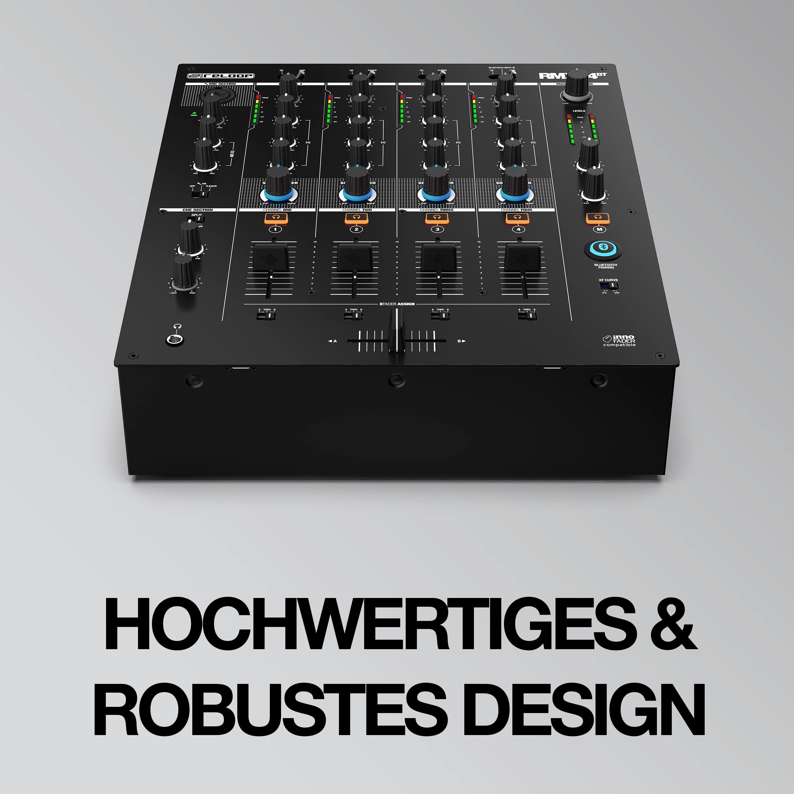 Reloop RMX-44 BT 4-Kanal-Bluetooth-DJ-Clubmixer, 9 Eingänge, 4 Ausgänge, Smart Connectivity Bluetooth Input mit Cue-Funktion