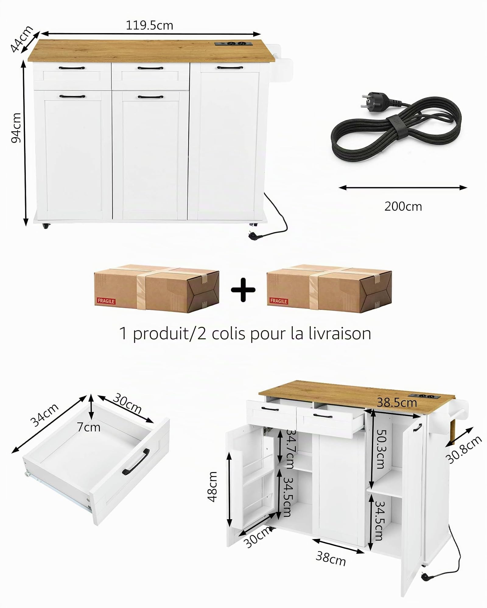 Îlot de Cuisine avec Prise et Plan de Travail Pliable Meuble Cuisine avec roulettes Buffet Cuisine avec Rangement 2 tiroirs et 2 Portes Blanc/chêne 120 x 74 x 94,5 cm