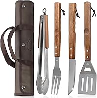 EsieHouzie 5-Piece Stainless Steel BBQ Grill Tools Set with Acacia Wood Handles - Tongs, Spatula, Fork, Knife & Carry Bag for Camping Grilling
