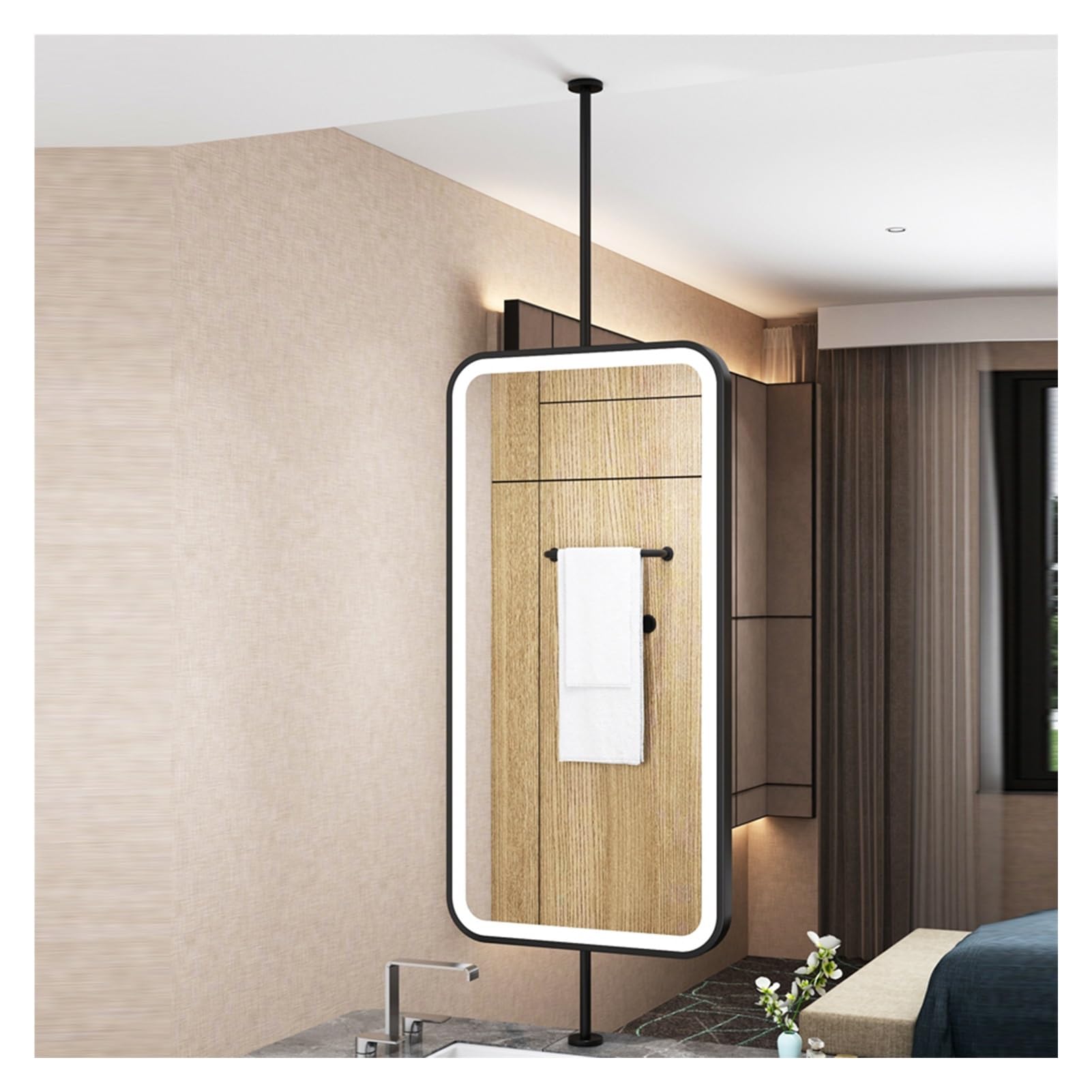 MESOVFCA Rectangular Ceiling-Mounted Floating Mirror with LED Lights, 3 dimmable Colors, and a Metal Frame for Hotel and Apartment Decor(Black,60x100cm)