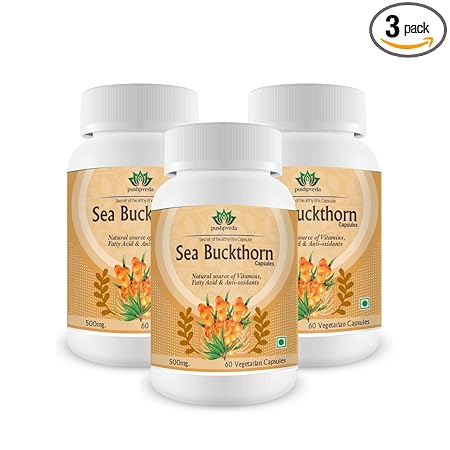 Pushpveda Sea Buckthorn Extract Capsule (Pack of 3, 60 Vegetarian Capsules, 500 mg) | Natural Source of Vitamins, Fatty Acid, & Anti-oxidants | Skin Care & Body Detox