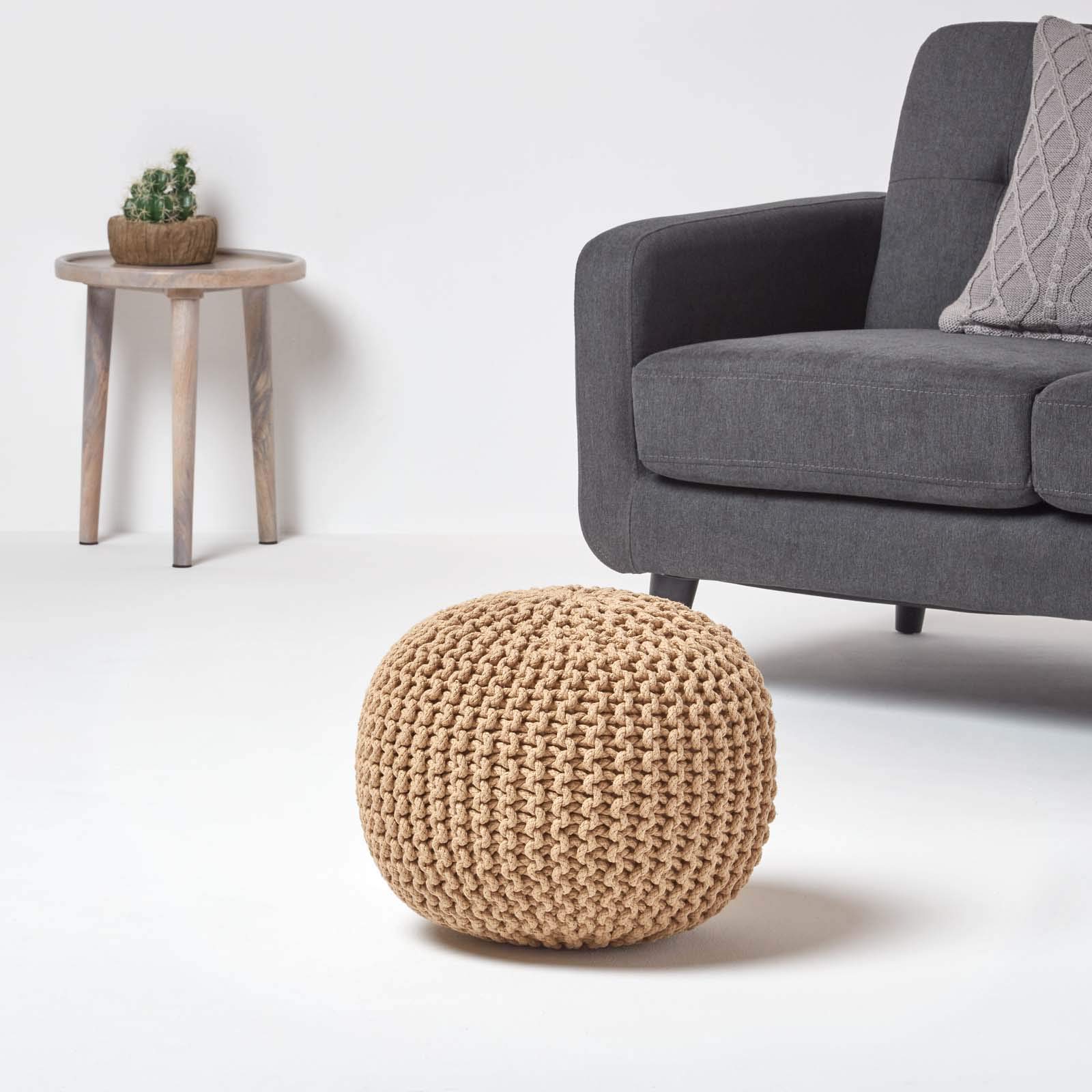 HOMESCAPES Pouf rotondo intrecciato in cotone, pouf lavorato a maglia, colore beige, 40 x 35 cm