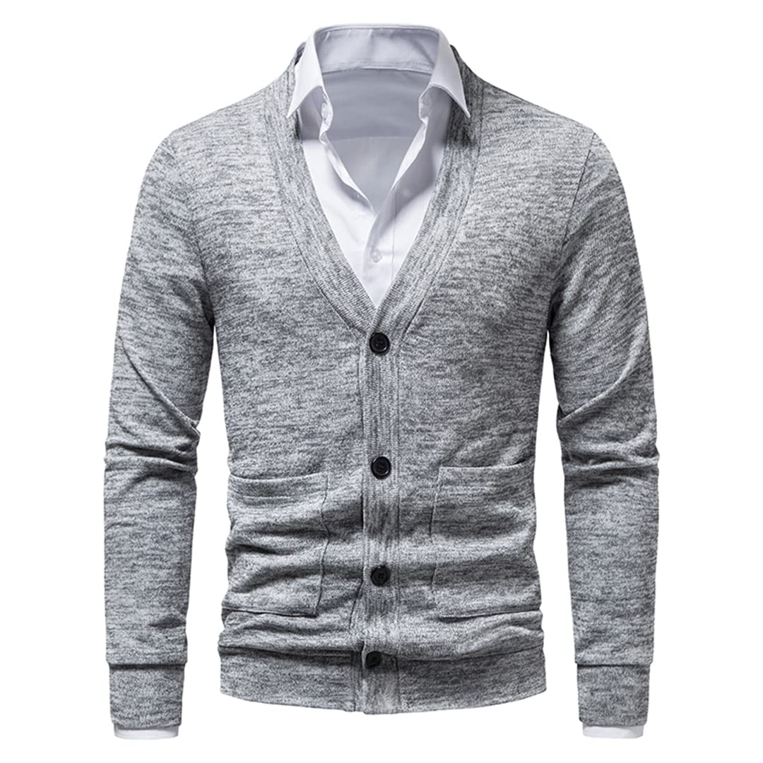 Vogrtcc Cárdigan Primavera Otoño Cuello en V Suéter De Punto Abrigo Hombres Casual Chaqueta De Color Sólido Chaqueta De Punto