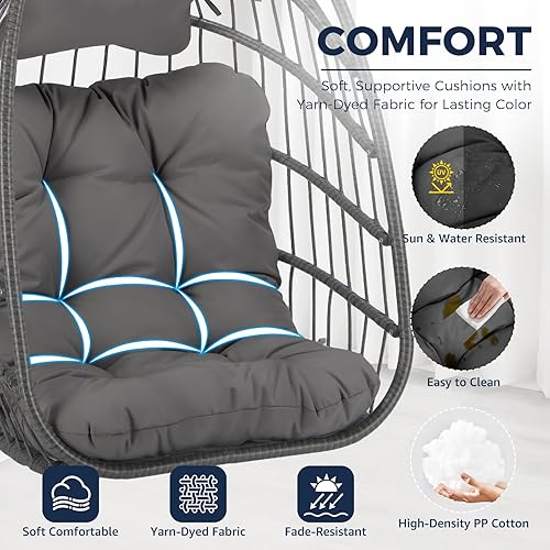 Miniatura 60 de NICESOUL Silla colgante con soporte para interiores y exteriores, cómodas sillas hamaca de ratán para patio con cojín, capacidad de 350 libras