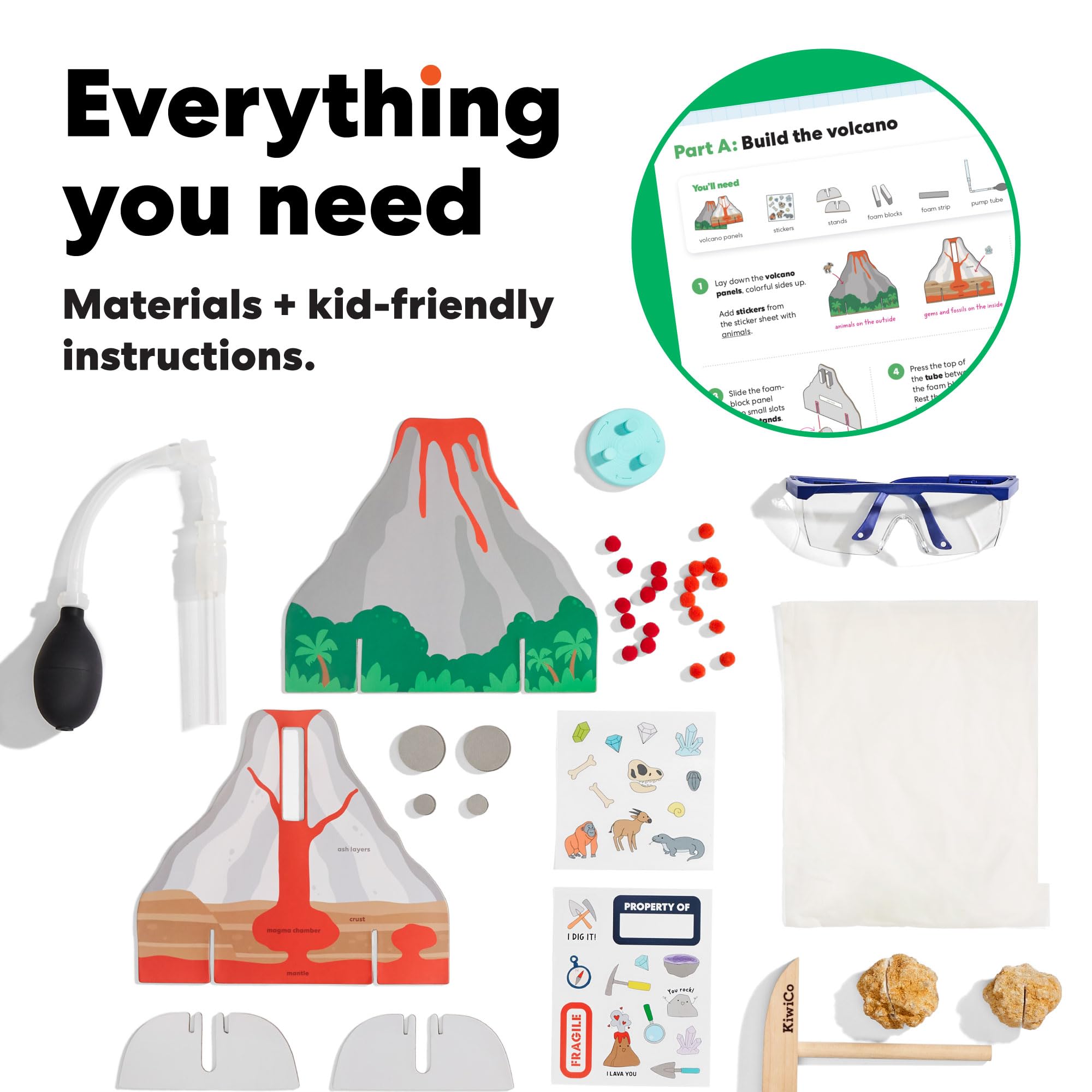 Volcano Science Kit para niños de 5 a 8 años – Kit de ciencia STEM y juguete educativo con exploración de rocas y minerales, geodas reales, lente de aumento, vitrina y experimento de erupción 2