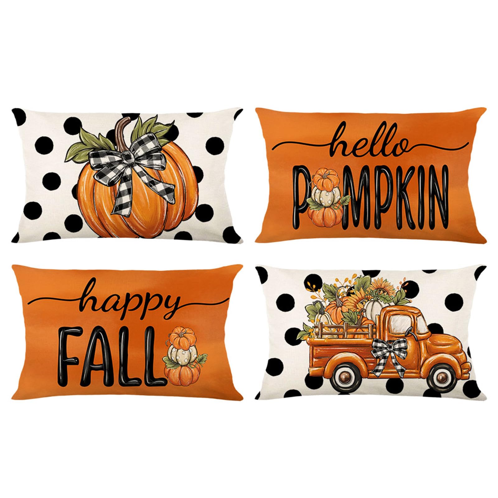JOTOM Set of 4 Fall Cushion Covers 30x50 cm Polka Dot Buffalo Plaid Throw Pillow Covers Orange Pumpkin Truck Farmhouse Pillowcases for Thanksgiving Home Sofa Couch Bed Decor โ image 1