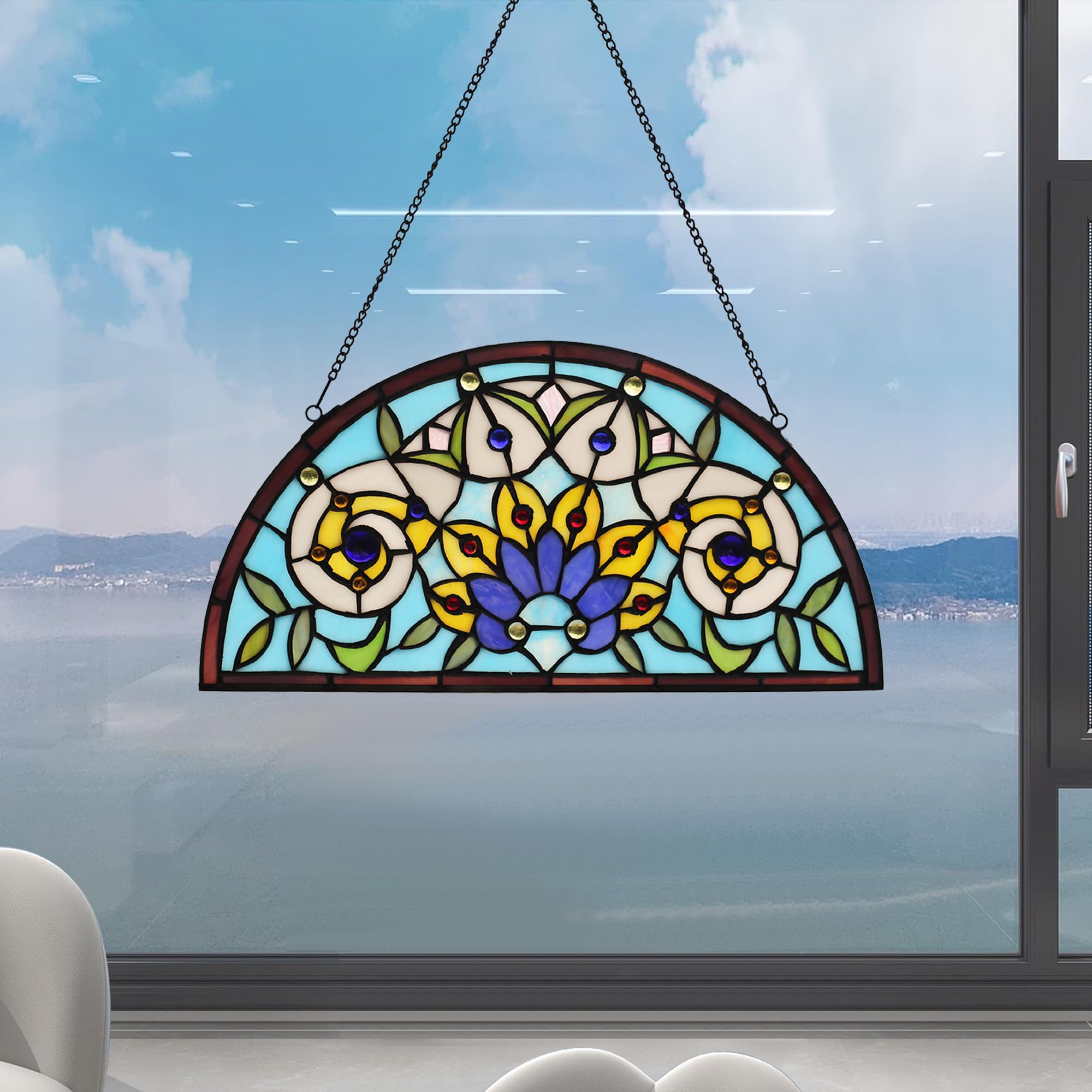 YOURANJU Halbmond-Buntglas-Fensterdekoration, Tiffany-Stil, 40,6 x 20,3 cm, halbrund, Einweihungsgeschenk, Wohnzimmer, Schlafzimmer, Küche, Fenster, dekorative Behänge mit Kette (Blume)