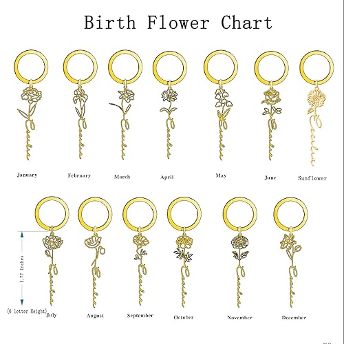 Miniatura 6 de Custom Birth Flower Keychain with Name,Personalized 18K Gold Plated KeyChains Engraved Handmade Key Chain Christmas Wedding Birthday Gifts for Women