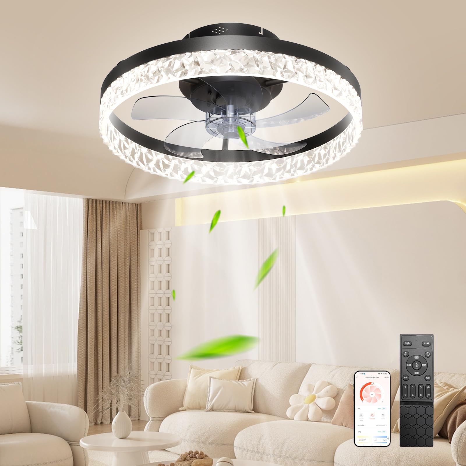 Ceiling Fans with Lights and Remote, 50cm Smart Ceiling Fan Light with 3 Light Colors 6 Speed, Dimmable, Night Mode, Timer, Remote Control, LED Ceiling Fan Light for Bedroom Living Room, Black