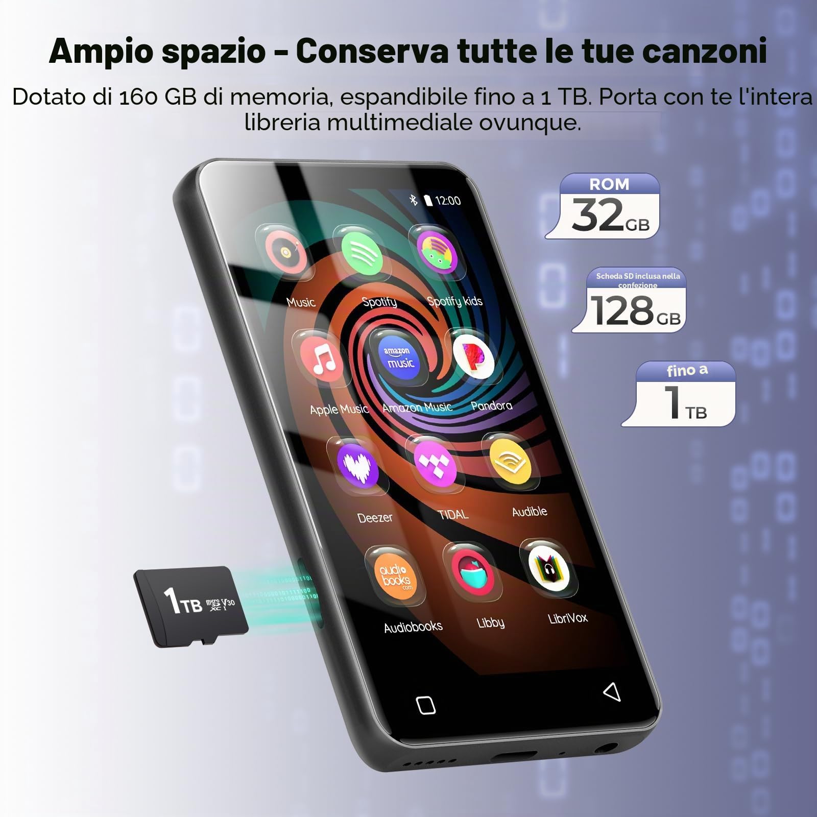 Innioasis Lettore MP3 con Bluetooth e WiFi, lettore MP3 da 160 GB con Spotify,Pandora, Amazon Music, Audible, Libby, audiolibri,touch screen da 4 pollici, lettore Android MP3 MP4 con（Nero）