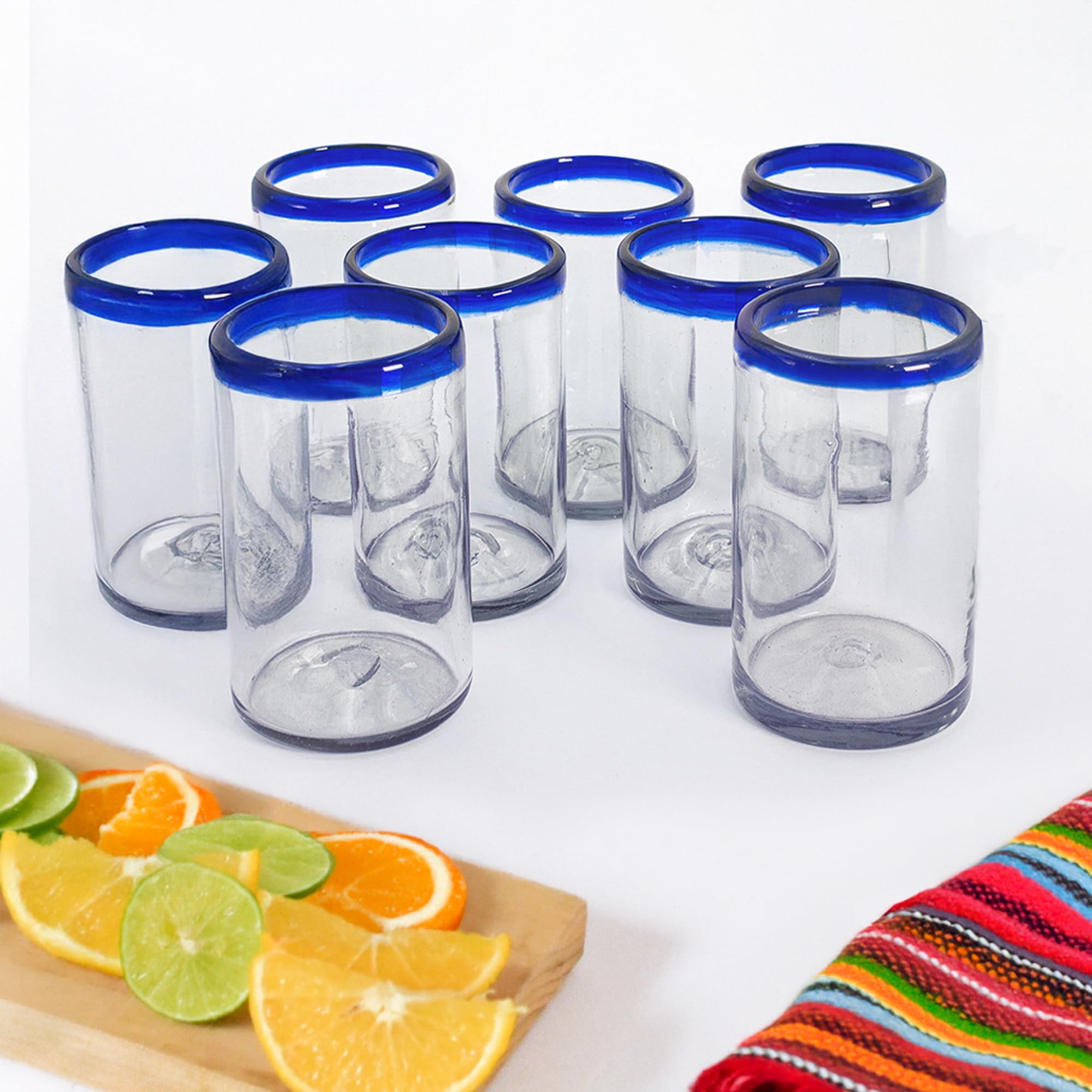 Mundgeblasene mexikanische Gläser, authentische handgefertigte Trinkgläser, 400 ml, kobaltblauer Rand, perfekt für Wasser, Säfte, Softdrinks oder Bier, 8 Stück