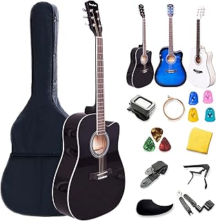 Acoustic Guitar Beginner Kit Full Size 41 inch Steel String Dreadnought Cutaway Guitare Acoustique Glossy Guitar Starter Kits for Adult Kids W/Bag Picks Capo Strap Tuner【Rosefinch 4/4 BLACK】