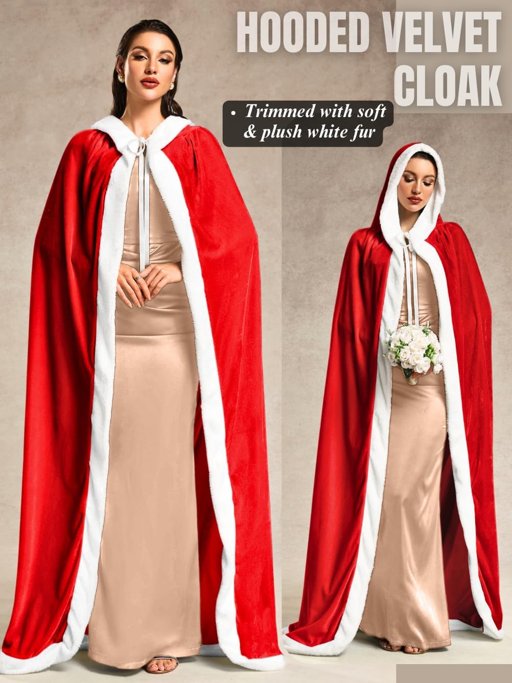 EHSUYAB Women Lightweight Velvet Cloak with Hood,Bridal Wedding Fur Cpae Coat Winter Gown,Christmas Halloween Cosplay Costume