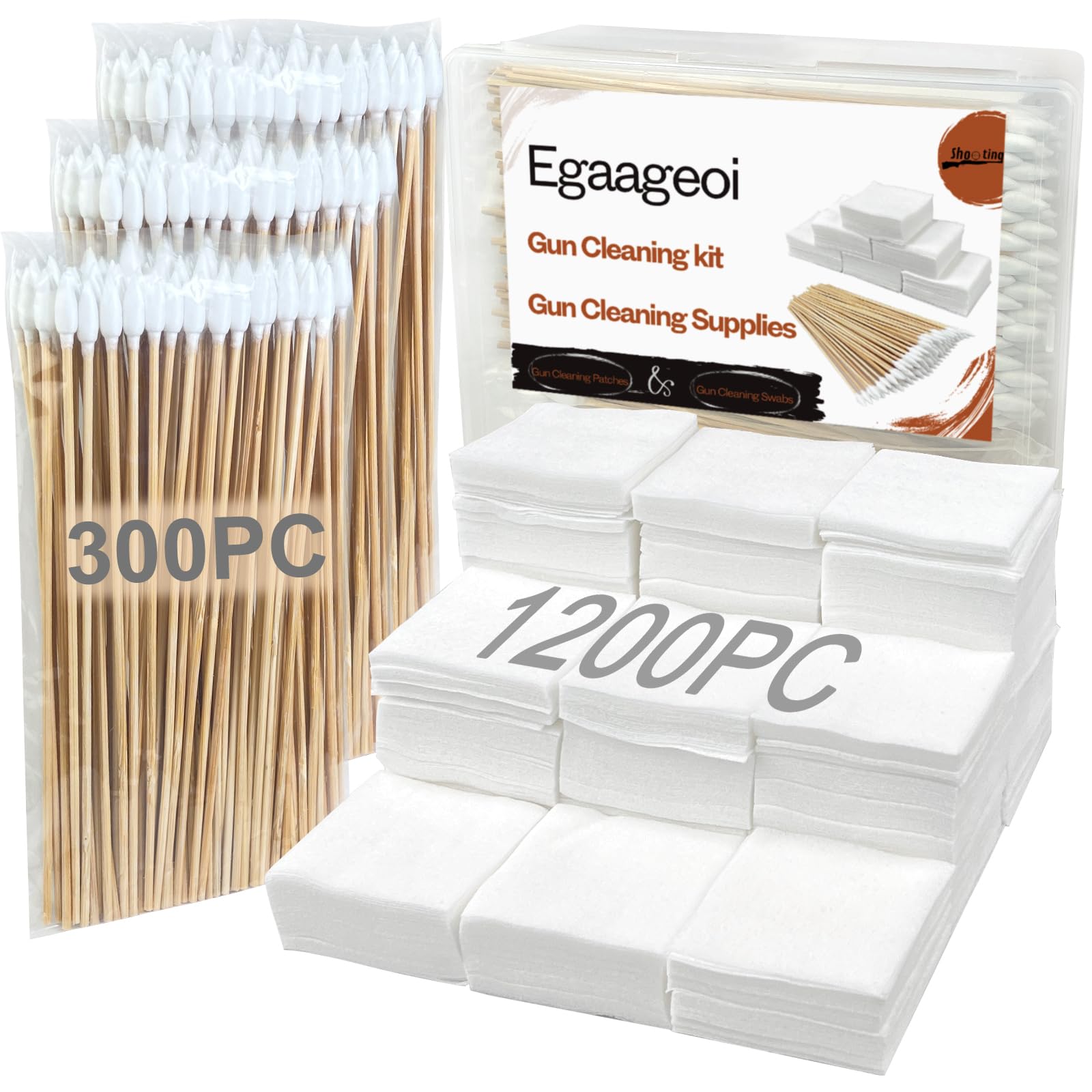 Egaageoi Gun Cleaning Patches and Pointed Swabs with Storage Box - Lint-Free Gun Cleaning Supplies for Shooting Practice, Range Match, Hunting Prep - Compatible with .22 to .45 Cal, 9mm, .30 Caliber